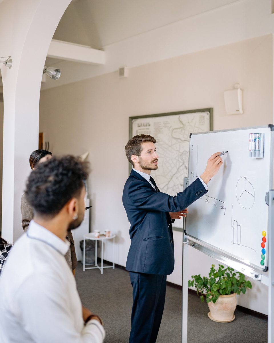 A suited team lead explaining diagrams at a whiteboard to colleagues